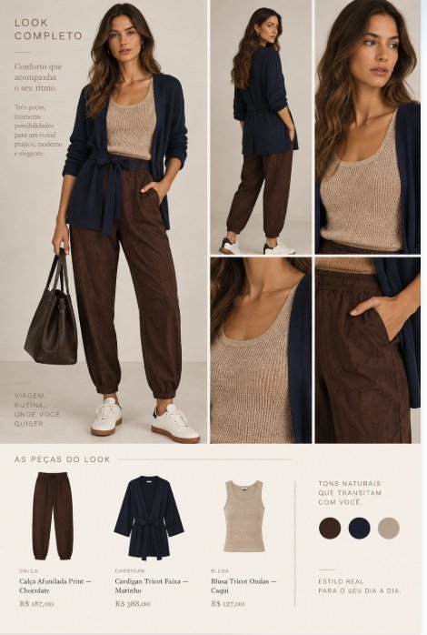 Look completo em uma modelo virtual, com a calça chocolate, o cardigan marinho e a blusa caqui